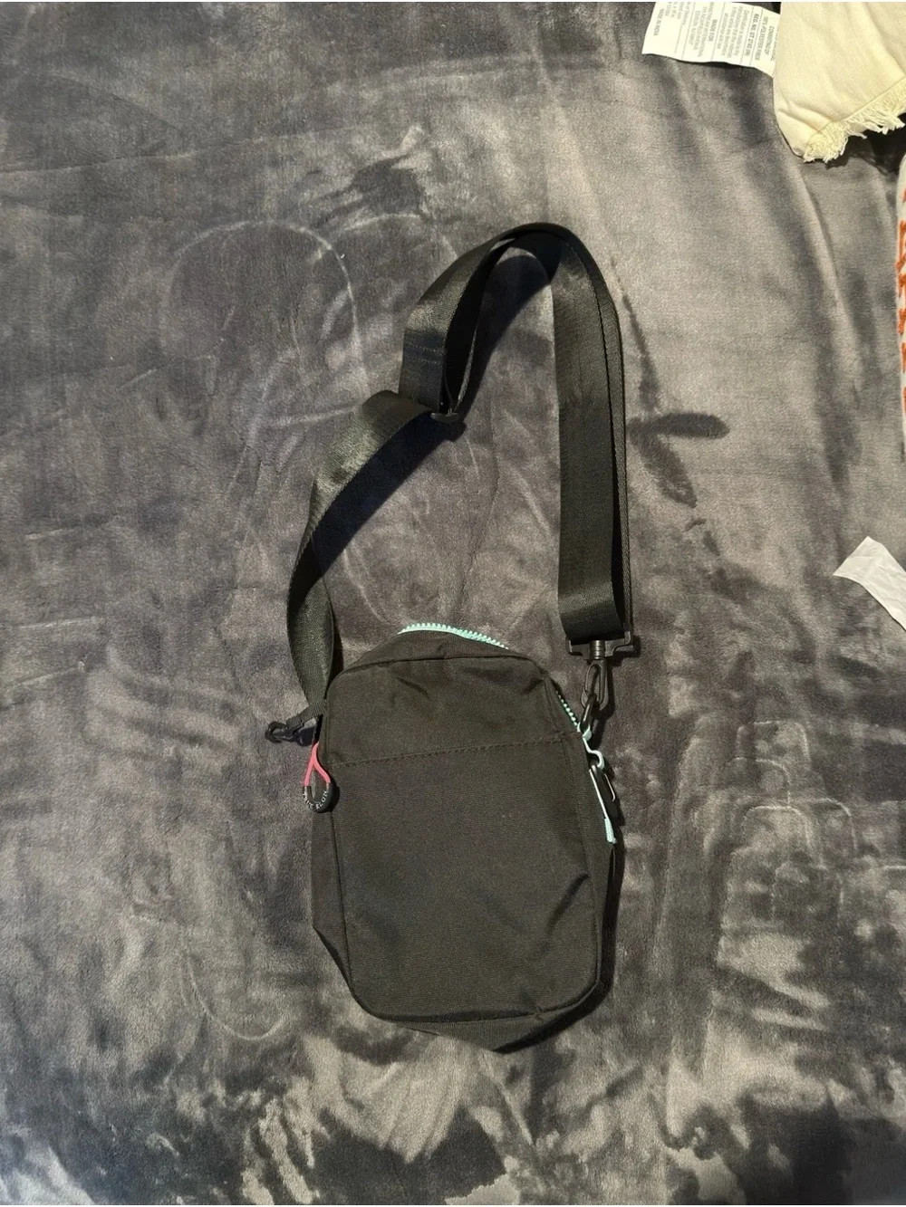 True Religion Black Crossbody Bag with Pink Logo and Teal Accents